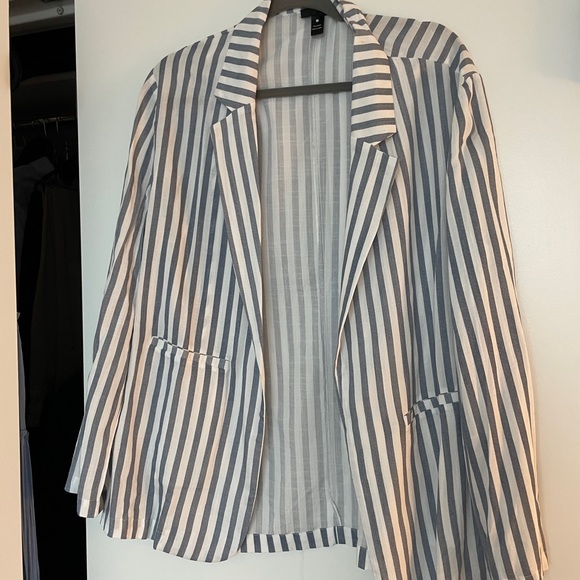 Aqua Jackets & Blazers - AQUA Blue and White Striped Summer Linen Blazer- Womens- LARGE Brand New